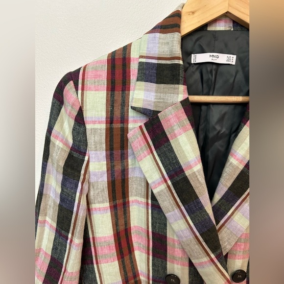 MANGO plaid double breasted linen/cotton blend blazer size S - Picture 7 of 8